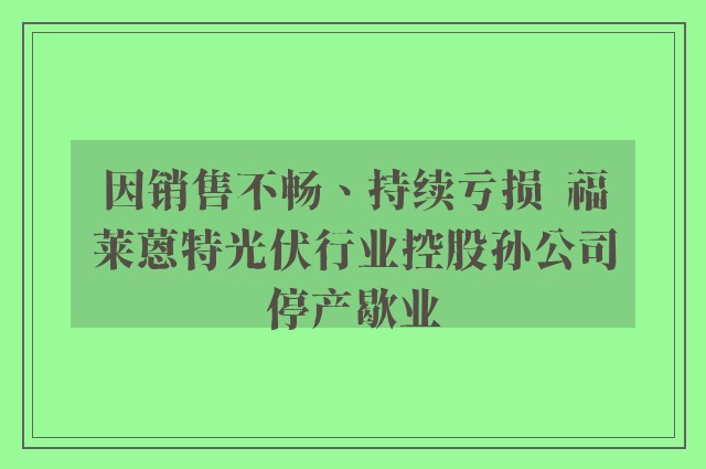 因销售不畅、持续亏损  福莱蒽特光伏行业控股孙公司停产歇业