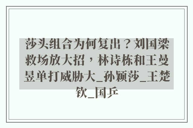 莎头组合为何复出？刘国梁救场放大招，林诗栋和王曼昱单打威胁大_孙颖莎_王楚钦_国乒