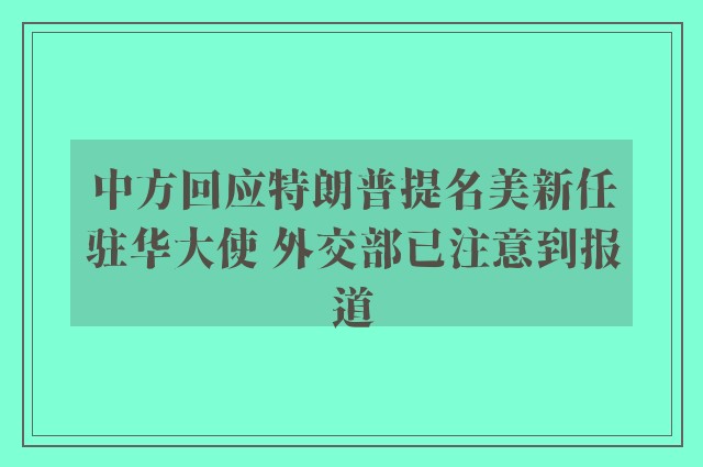 中方回应特朗普提名美新任驻华大使 外交部已注意到报道