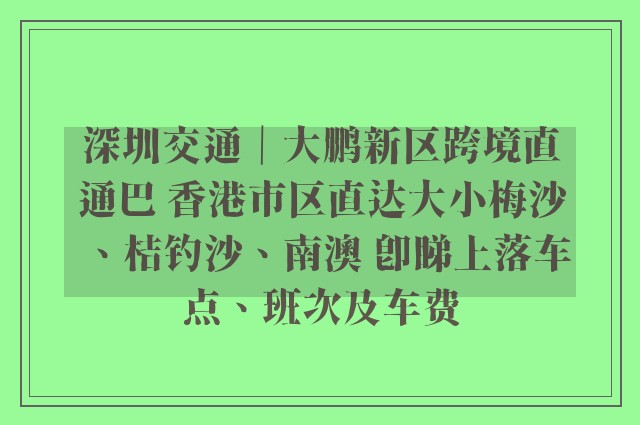 深圳交通｜大鹏新区跨境直通巴 香港市区直达大小梅沙、桔钓沙、南澳 即睇上落车点、班次及车费