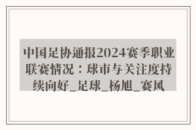 中国足协通报2024赛季职业联赛情况：球市与关注度持续向好_足球_杨旭_赛风