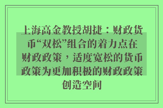 上海高金教授胡捷：财政货币“双松”组合的着力点在财政政策，适度宽松的货币政策为更加积极的财政政策创造空间