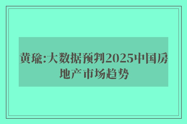 黄瑜:大数据预判2025中国房地产市场趋势